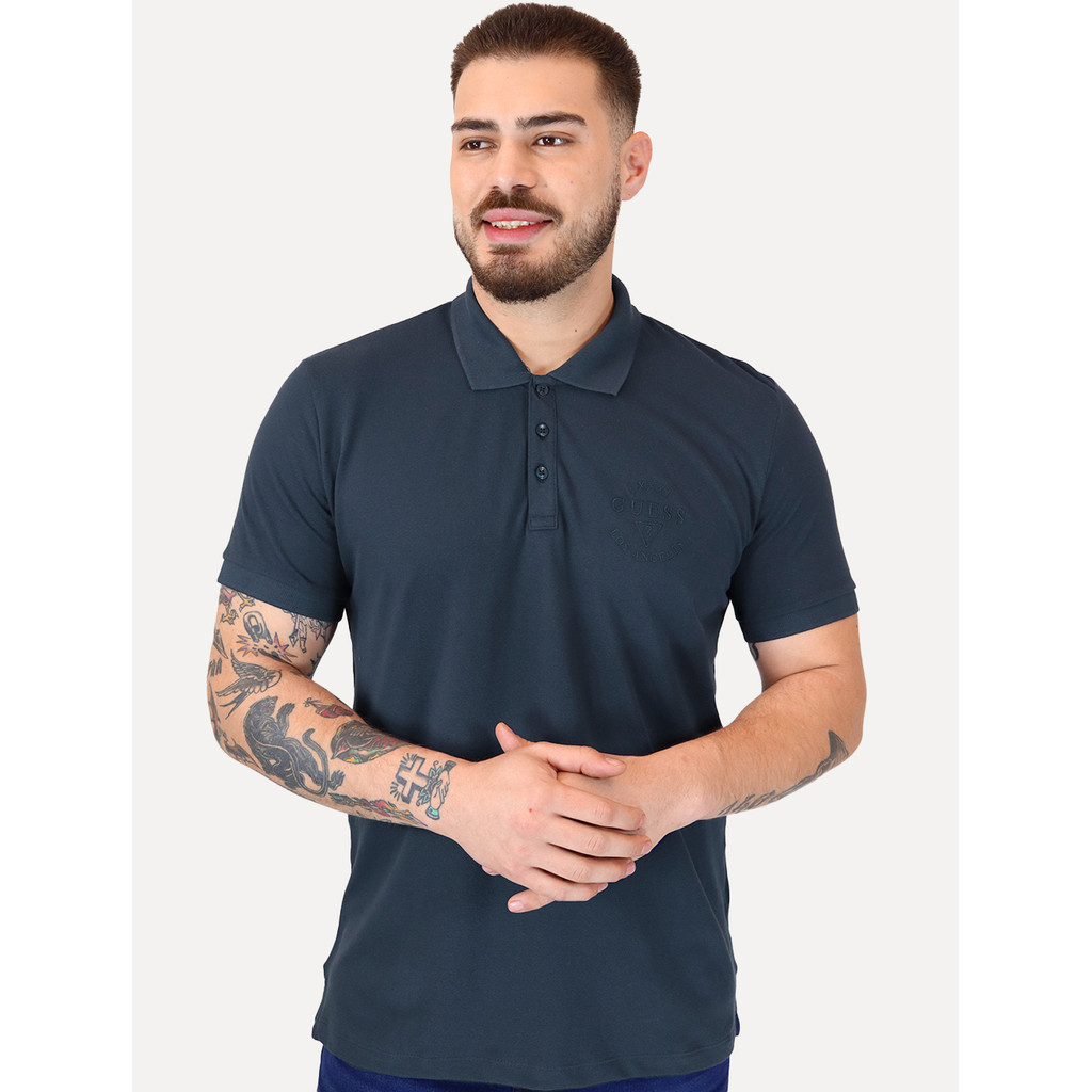 Polo Guess Masculina Piquet 1981 Bordado Azul Escuro