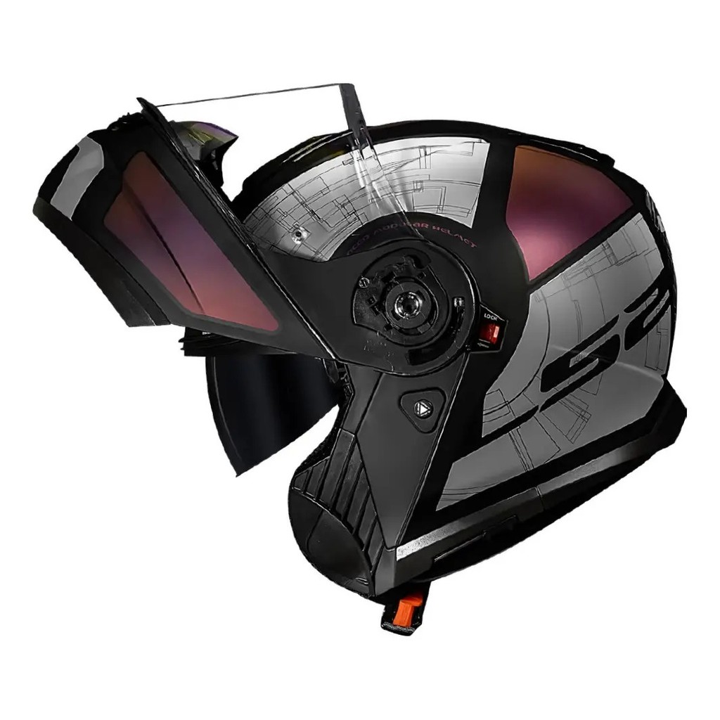 Capacete Escamoteavel Ls2 Strobe 2 FF908 Orion Roxo Com Viseira Solar Interna Masculino Feminino Articulado Robocop