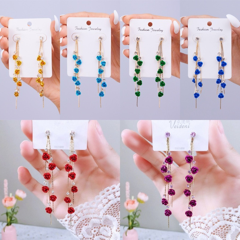 Brincos Fashion Luxury Rose Long Tassel Rhinestone Red Flower s925 Para Mulheres Jóias De Casamento Dia Dos Namorados Pr