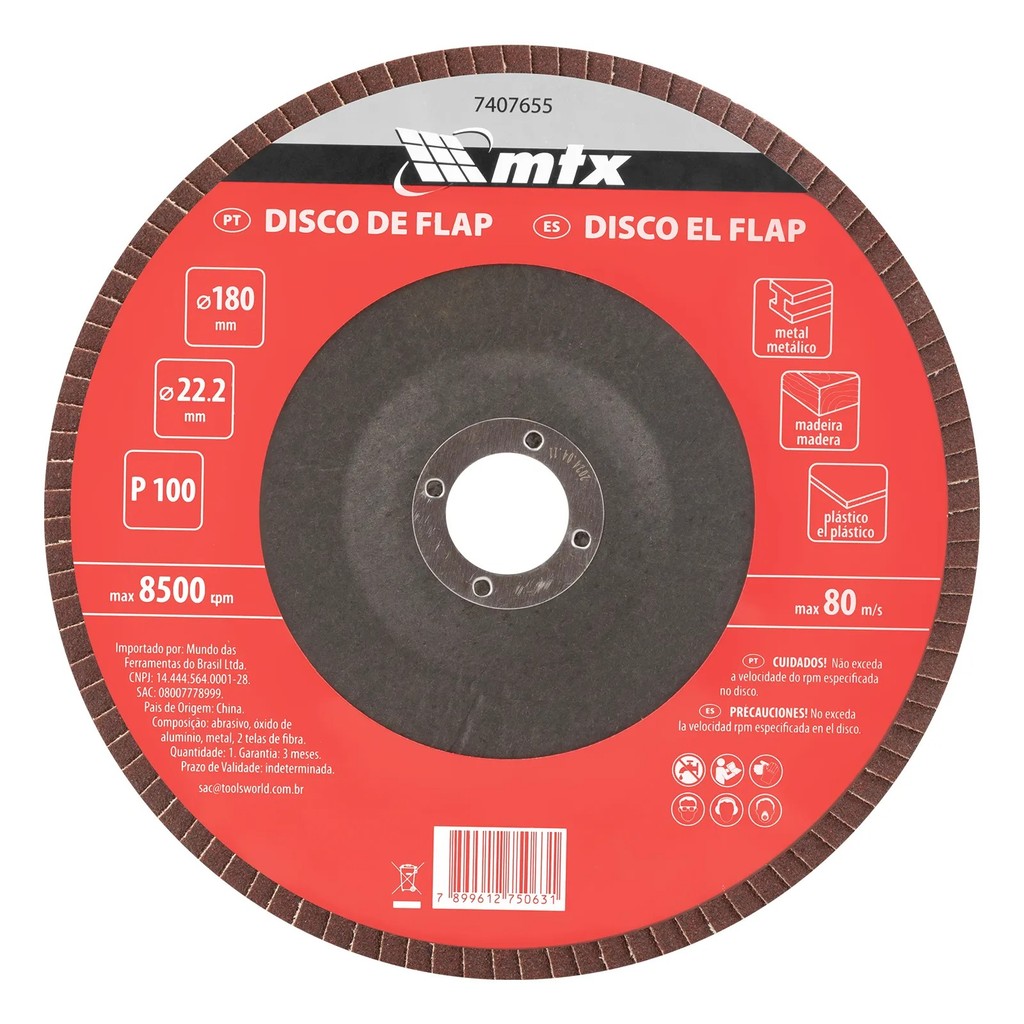 Disco Flap MTX Grão 100 180 x 22,2MM 1 Peça