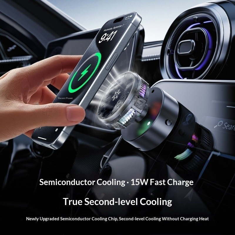 Suporte Magnético para Telefone de Carro com Carregamento Sem Fio de 15W, Luz Ambiente e Sucção a Vácuo