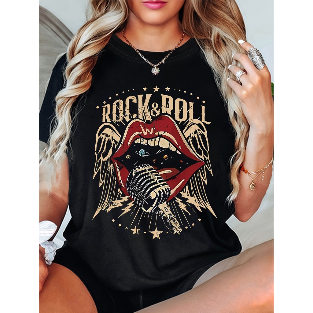 [Premium em Algodão Puro]SG Camiseta Feminina Plus Size Rock Lips Microphone Estampada Confortável Estilosa Moderna Casu