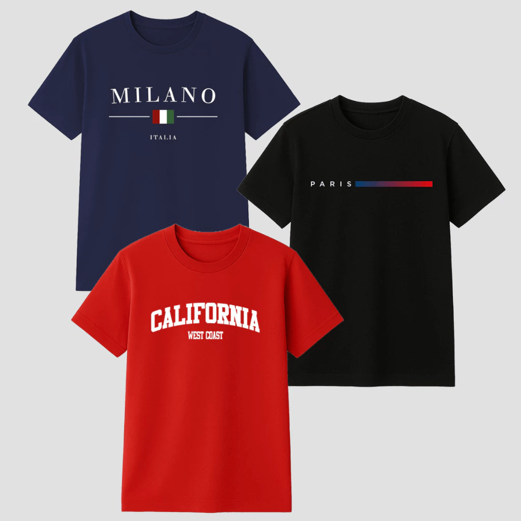 Kit 3 Camisetas Algodão Milano Paris Califórnia Várias Cores Masculino 100% Algodão