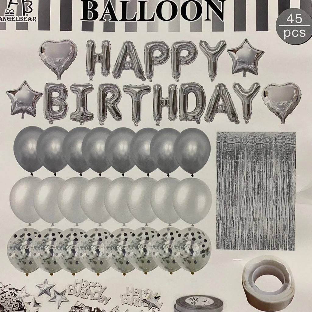 Kit Bexiga Balão Cortina Metalizado Happy Birthday  Aniversario 45pçs Prata Festa Decoração Enfeite Lembrancinha