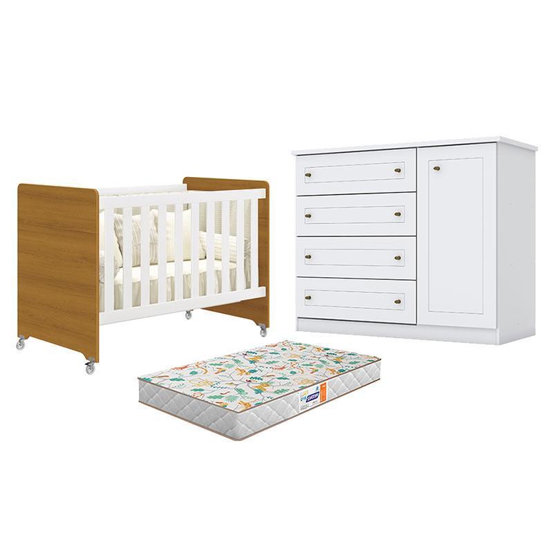 Berço Americano Evolution 4 em 1 Branco Acetinado Savana Reller e Cômoda Americano Branco HP e Colchão Gazin - Henn
