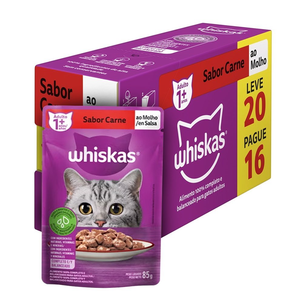20 unidades Ração Whiskas Sachê Carne ao Molho  85g - Leve 20 Pague 16