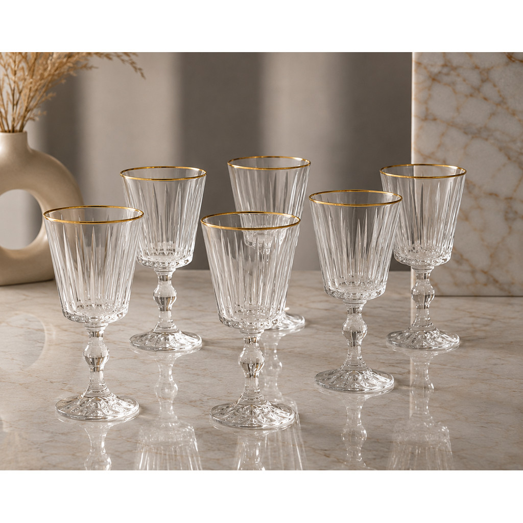 Jogo 6 Taças Vinho Vidro Cristal Canelada Filete Dourado 330ml Tinto Branco Mesa Posta Jantar