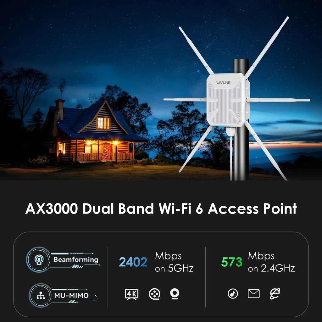 Roteador WiFi 6 AX3000 Mesh Outdoor Longo Alcance IP67 À Prova d'Água Com POE Antenas Potentes