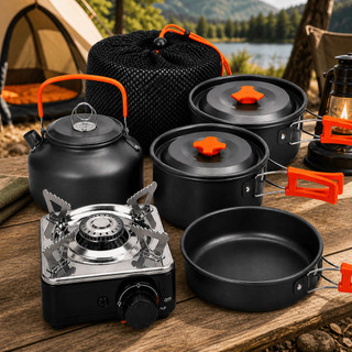 Kit De 5 Peças Cozinha Portátil Para Acampamento Alumínio Anodizado Com Fogão E Panelas Empilháveis Outdoor