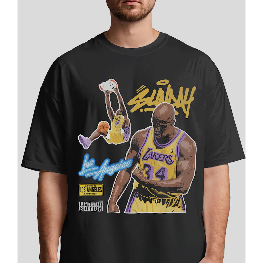 Camiseta Oversized Masculina Feminina Estampada Shaquille O'Neal Lakers Retro Streetwear Basquete Vintage