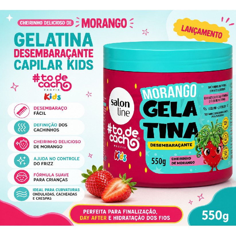 Gelatina Desembaraçante Capilar Kids Salon Line todecachos 550g Morango lançamento
