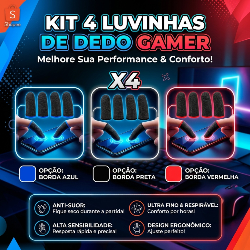4 Luvinha De Dedo Gamer Anti Suor Fibra De Carbono Profissional Preta Azul Vermelha