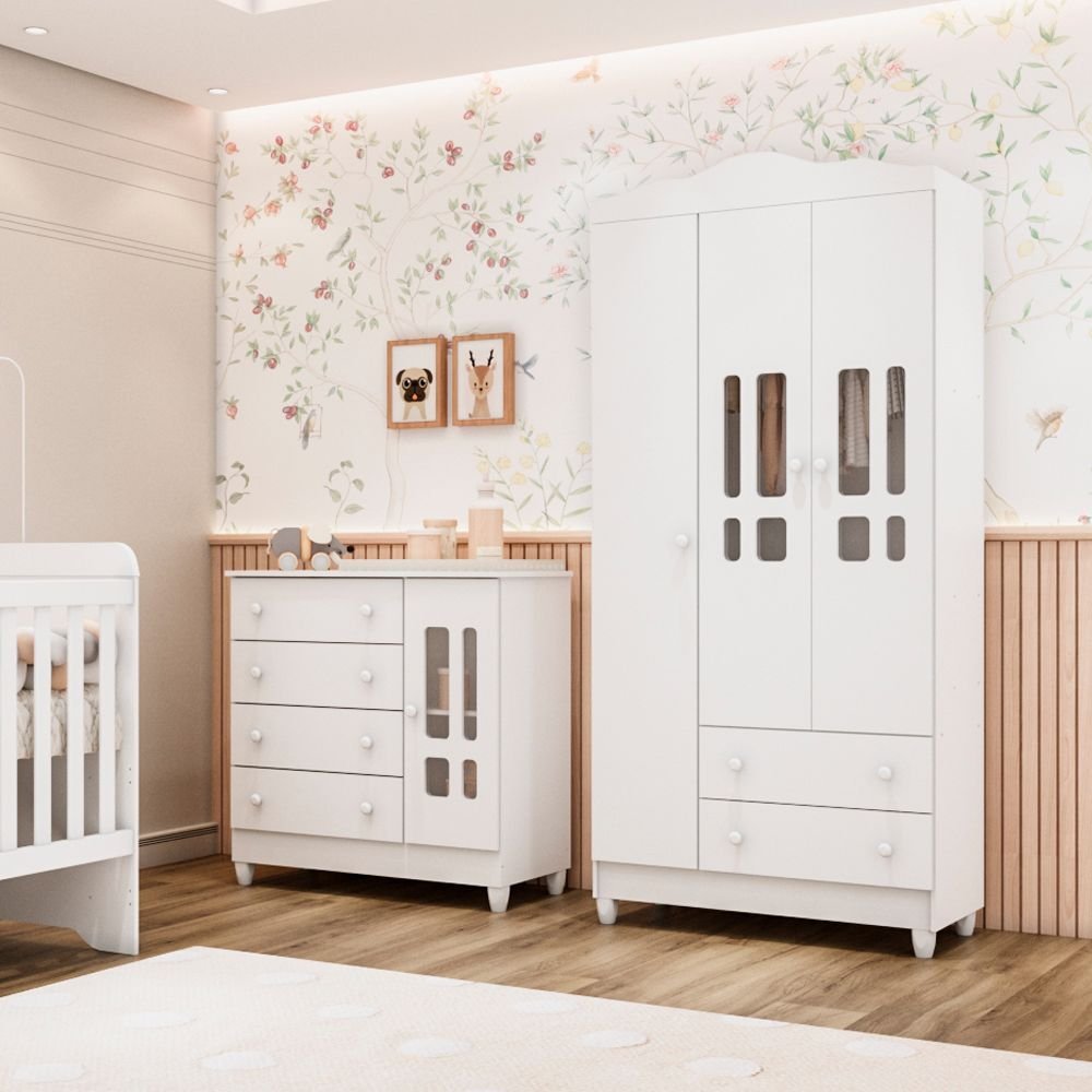 Conjunto Quarto Bebê Guarda Roupa Ariel 3 Portas Cômoda 4 Gavetas 1 Porta 100% MDF  Branco