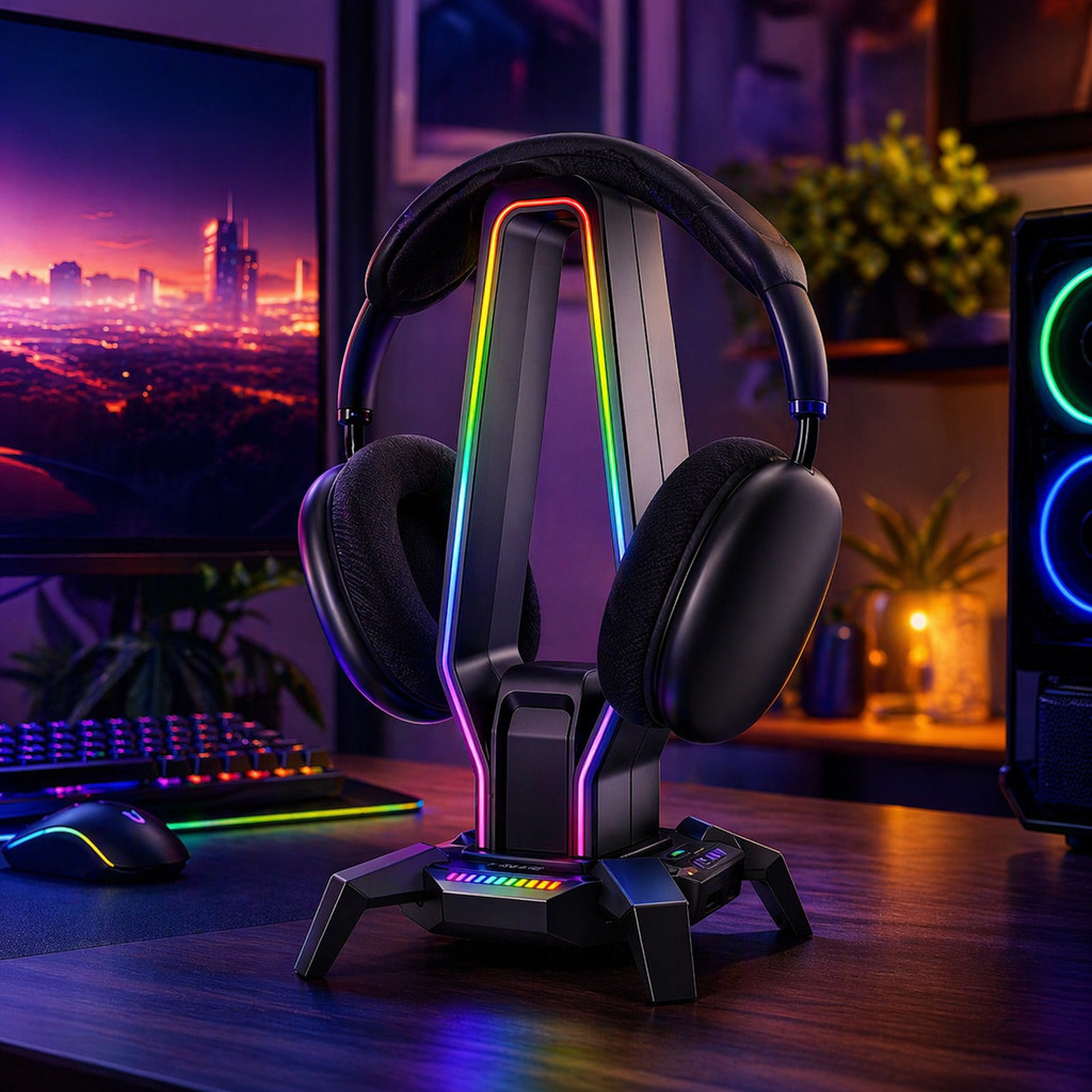 Suporte Headset com Hub USB Tipo C P2 LED RGB Luz Ambiente para Mesa Gamer PC Ce