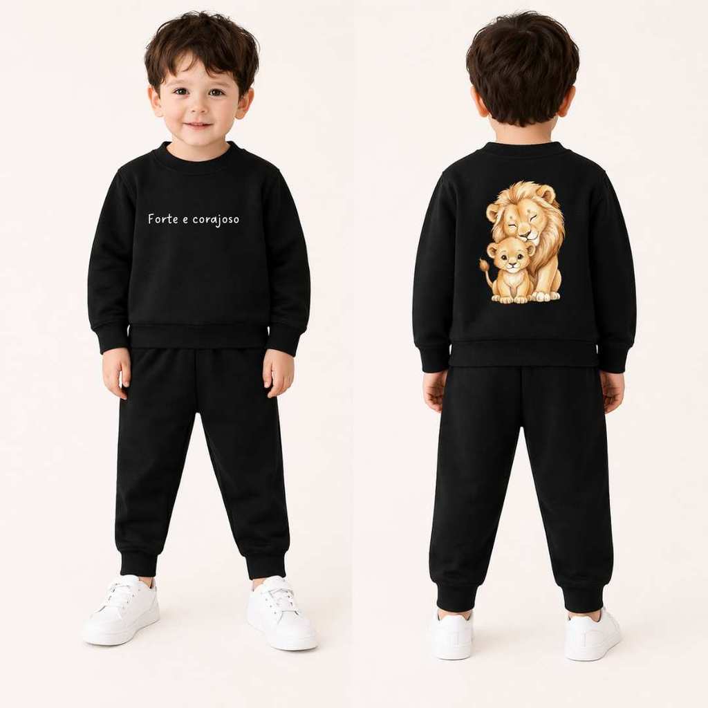 Conjunto Moletom Infantil Menino Inverno Peluciado Leão Safari Não Dá Bolinha Seja Forte e Corajoso