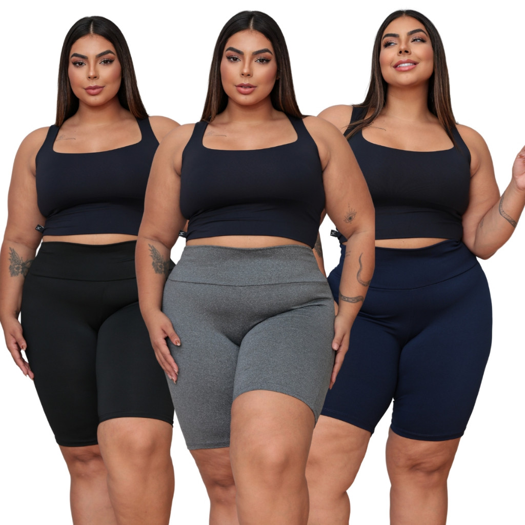 Kit 3 Bermuda Feminina Plus Size Short Feminino Academia Leg Suplex Cintura Alta Levanta Bumbum