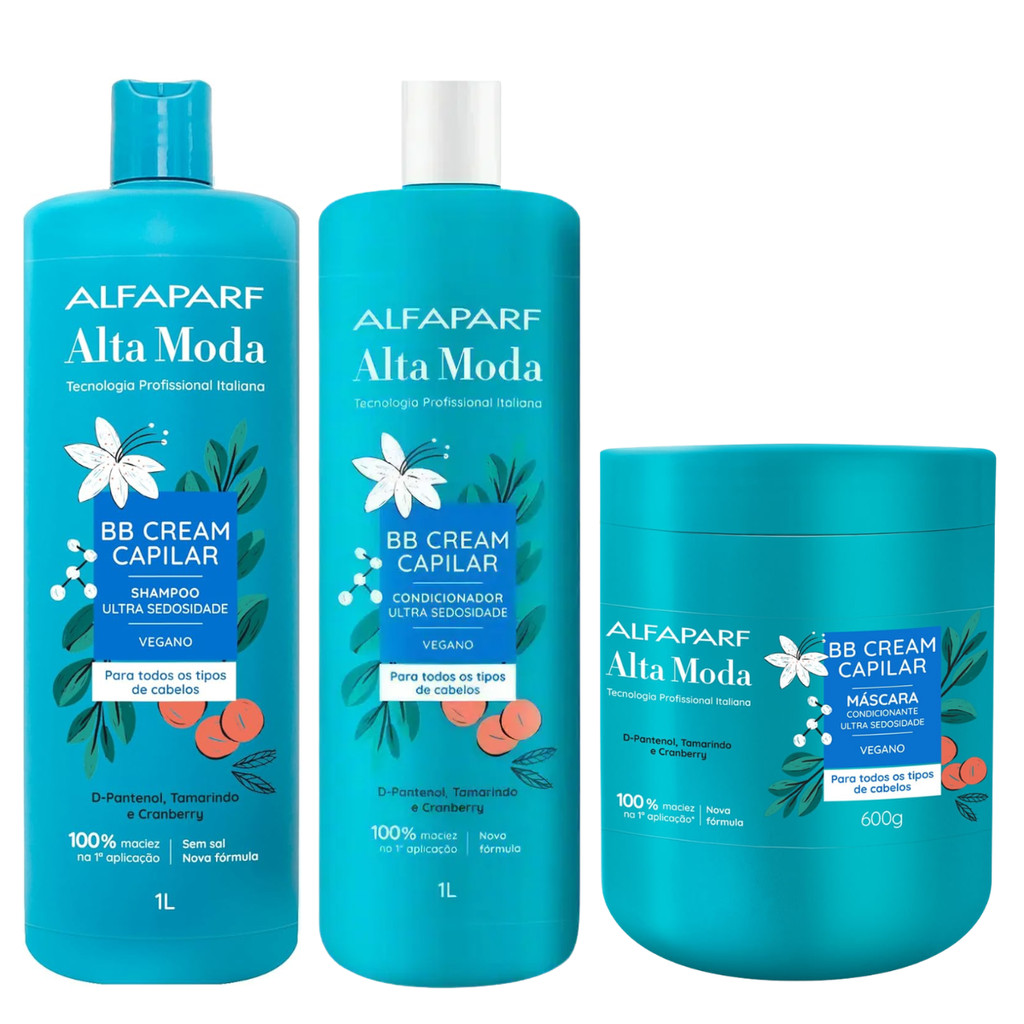 KIT SHAMPO 1L + CONDICIONADOR 1L + MASCARA 600Gr BB CREAM CAPILAR ALFAPARF  ALTA MODA 1/6 VEGANO 2,6 L