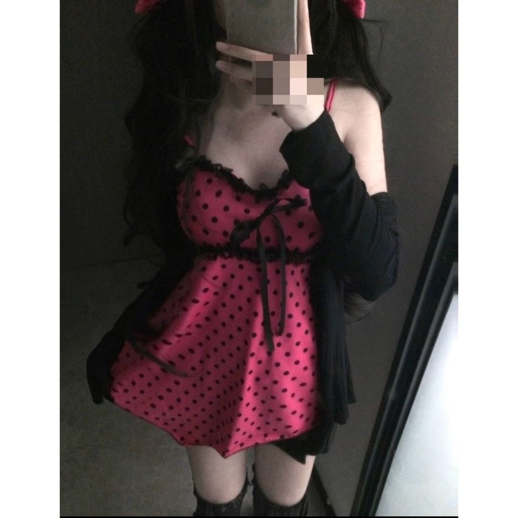 Conjunto de Duas Peças Vintage Millennium Subculture Shibuya Hot Girl Retro Fofo com Top de Bolinhas e Cardigã Preto Mod