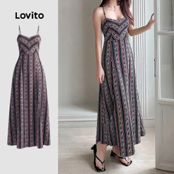 Lovito Listrado Férias Vestido com Amarração Nas Costas - Vestido Feminino para Primavera/Verão Bordado LK4LD2326