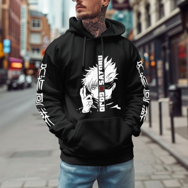 Moletom Canguru Anime Jujutsu Kai Gojo Satoru Anime Canguru Capuz e Bolso Manga Blusa de Frio Inverno