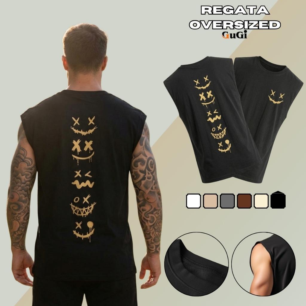 Regata Masculina Machão Muscle Estampa Carinhas Smile Frente Verso Algodão GuGi Camiseta Cavada