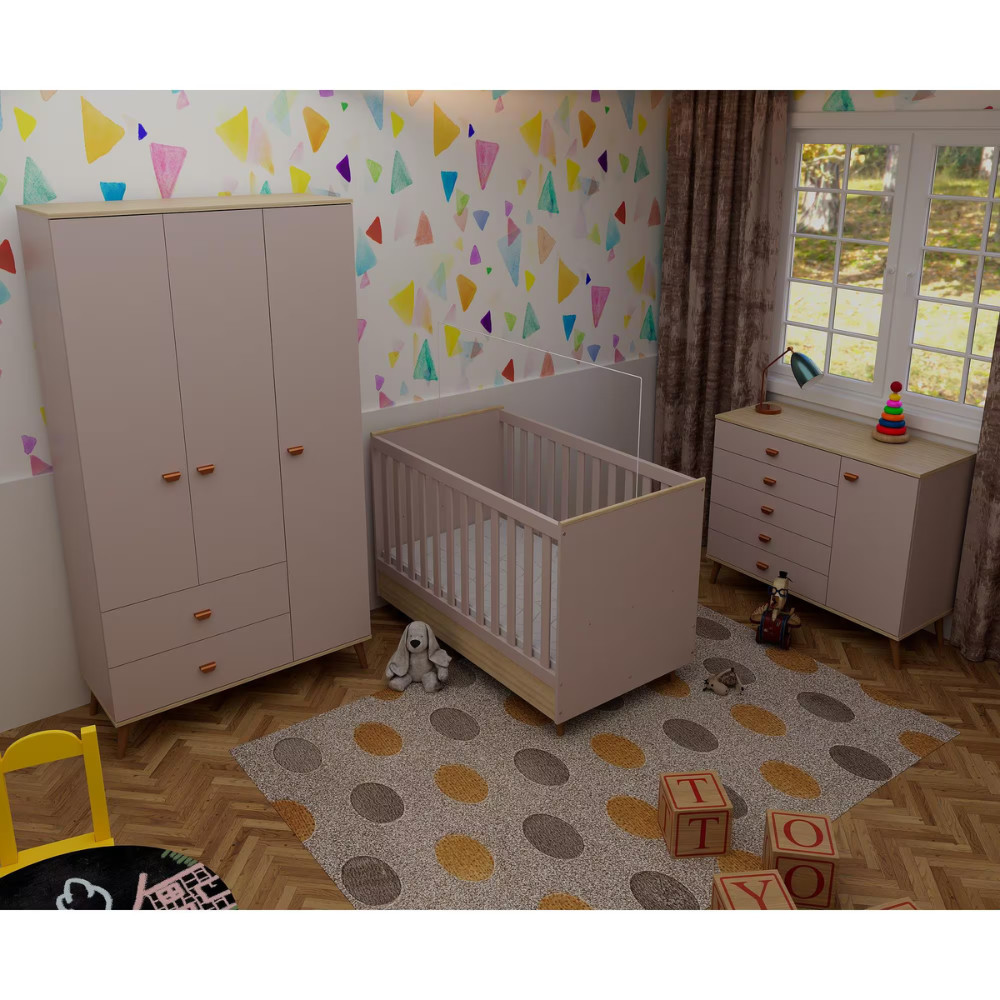 Quarto Infantil Completo Ternura Guarda-Roupa 3 Portas Cmoda 5 Gavetas Bero Conversvel Bartira