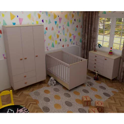 Quarto Infantil Completo Ternura Guarda-Roupa 3 Portas Cômoda 5 Gavetas Berço Conversível Bartira