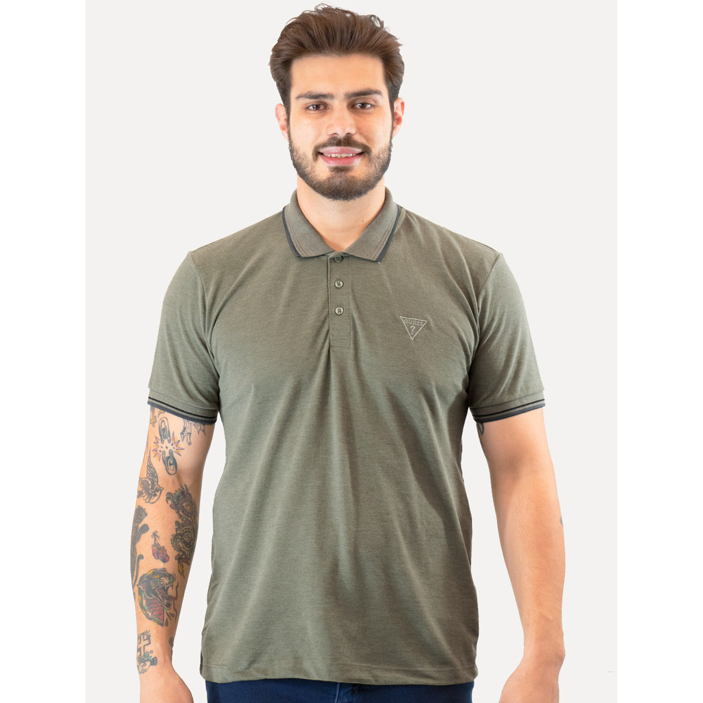 Polo Guess Masculina Piquet Frisos Triangulo Bordado Verde Oliva Mescla