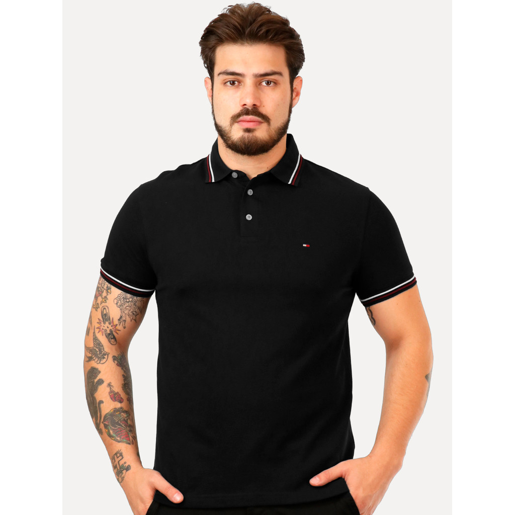Polo Tommy Hilfiger Masculina Slim Tipped Collar Preta