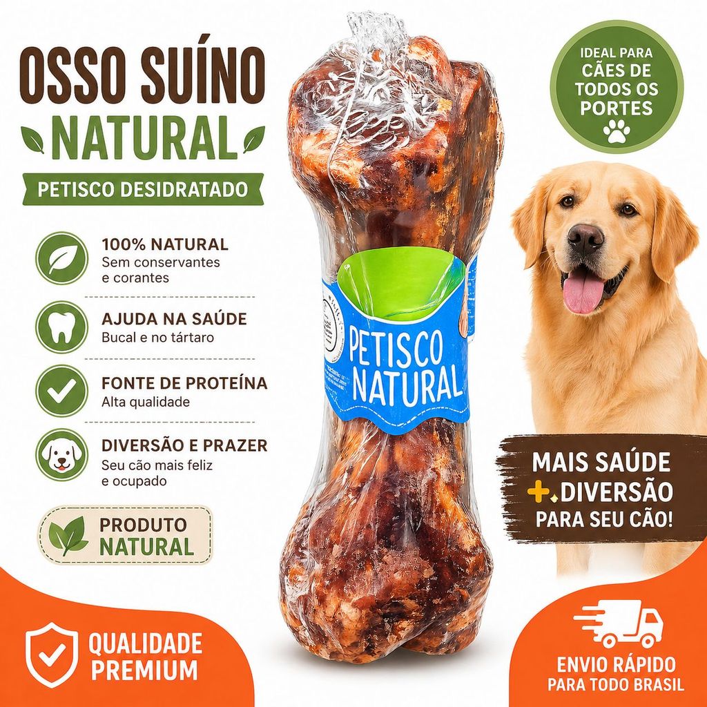 Osso Petisco Pet Suino Desidratado 100% Natural Defumado Para Cães
