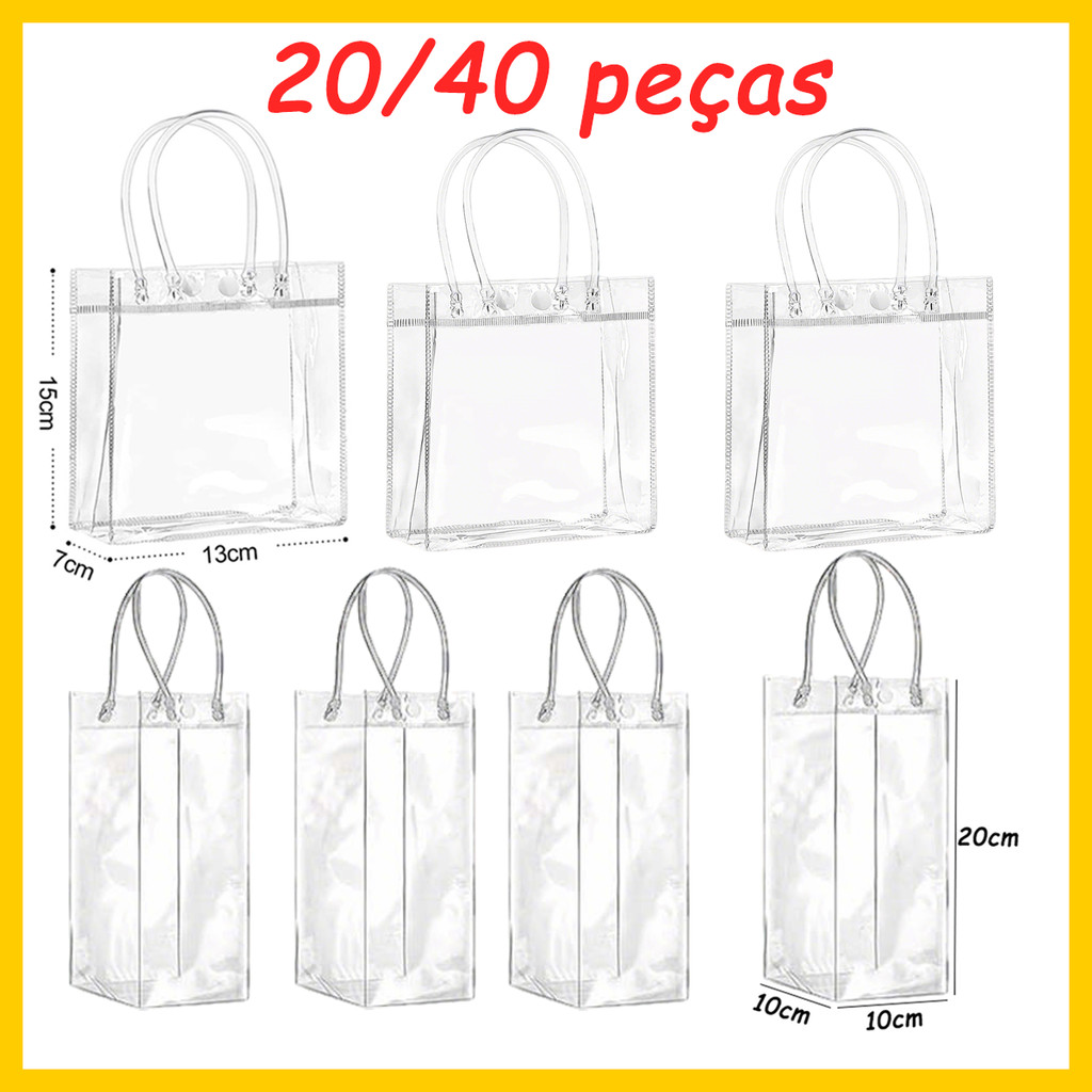 Saco de presente de PVC transparente de 20/40 peças (com alça), adequado para embalagem de presente, saco de presente
