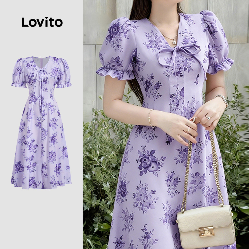 Lovito Férias Vestido com Renda e Flores para Primavera/verão Feminino Bordado LK4ED1551