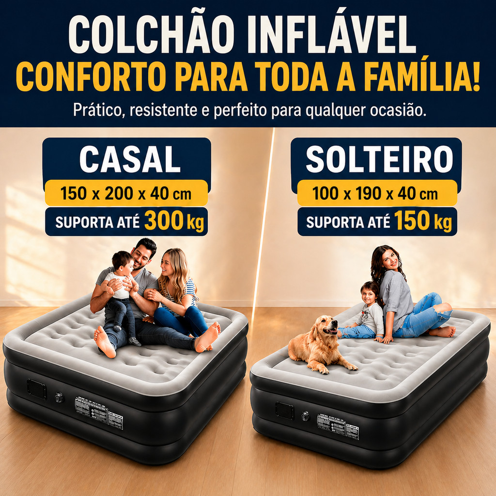 Colchão Inflável Solteiro Casal Kit Completo Bomba USB 4000mAh Travesseiros Portátil