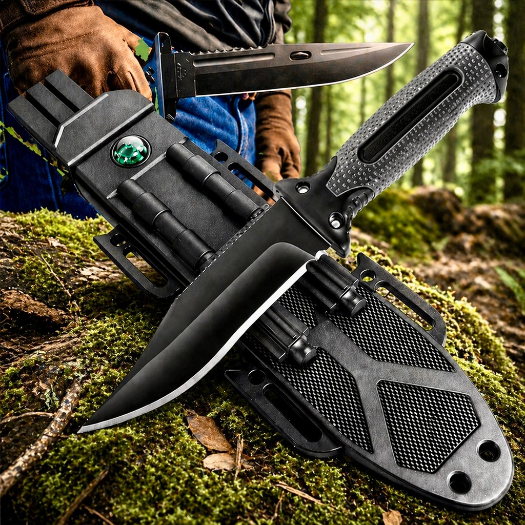 Faca tática A025 Militar Faca De Sobrevivência Com Bússola Pederneira Apito E Quebra Vidro Kit Camping Tático Completo
