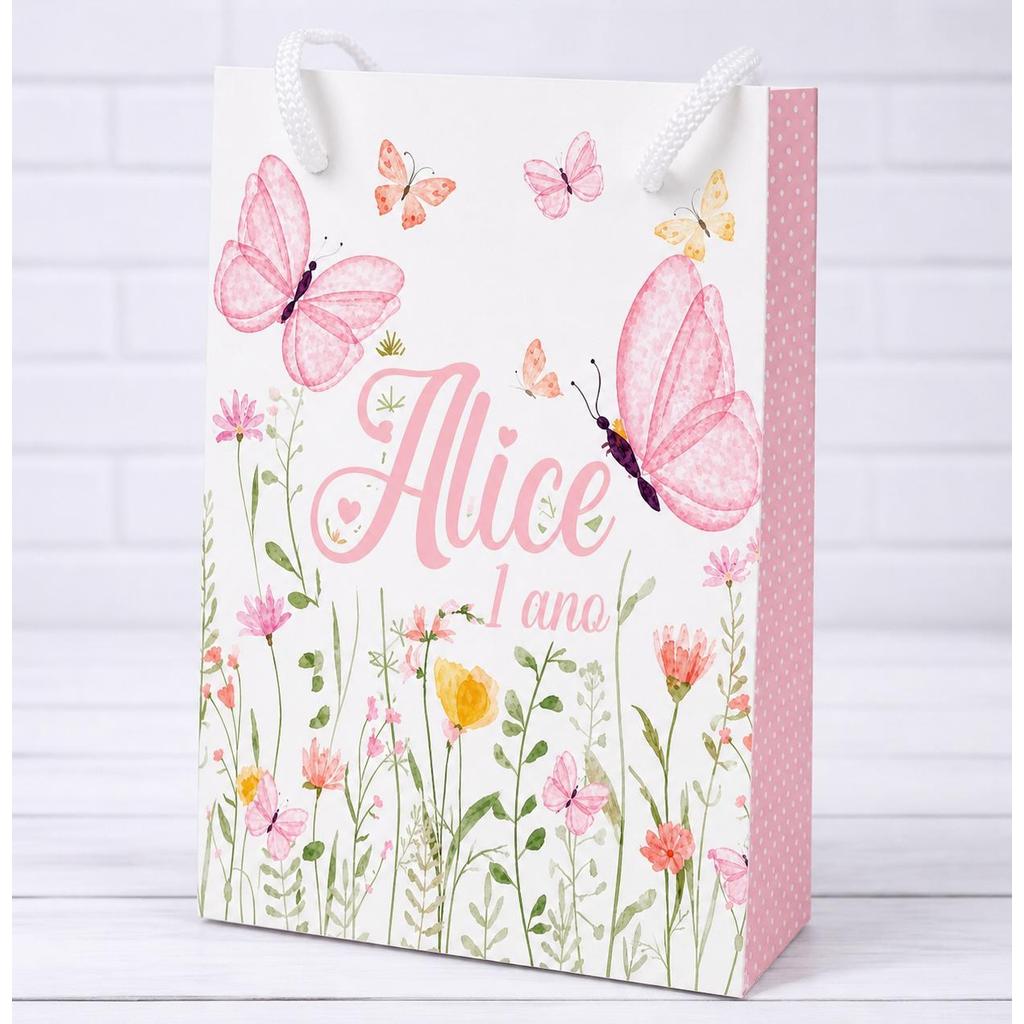 Sacolinha Personalizados Jardim Encantado Borboletas Rosa PEGUE E MONTE Lembrancinha Mimos Festa Aniversário Infantil