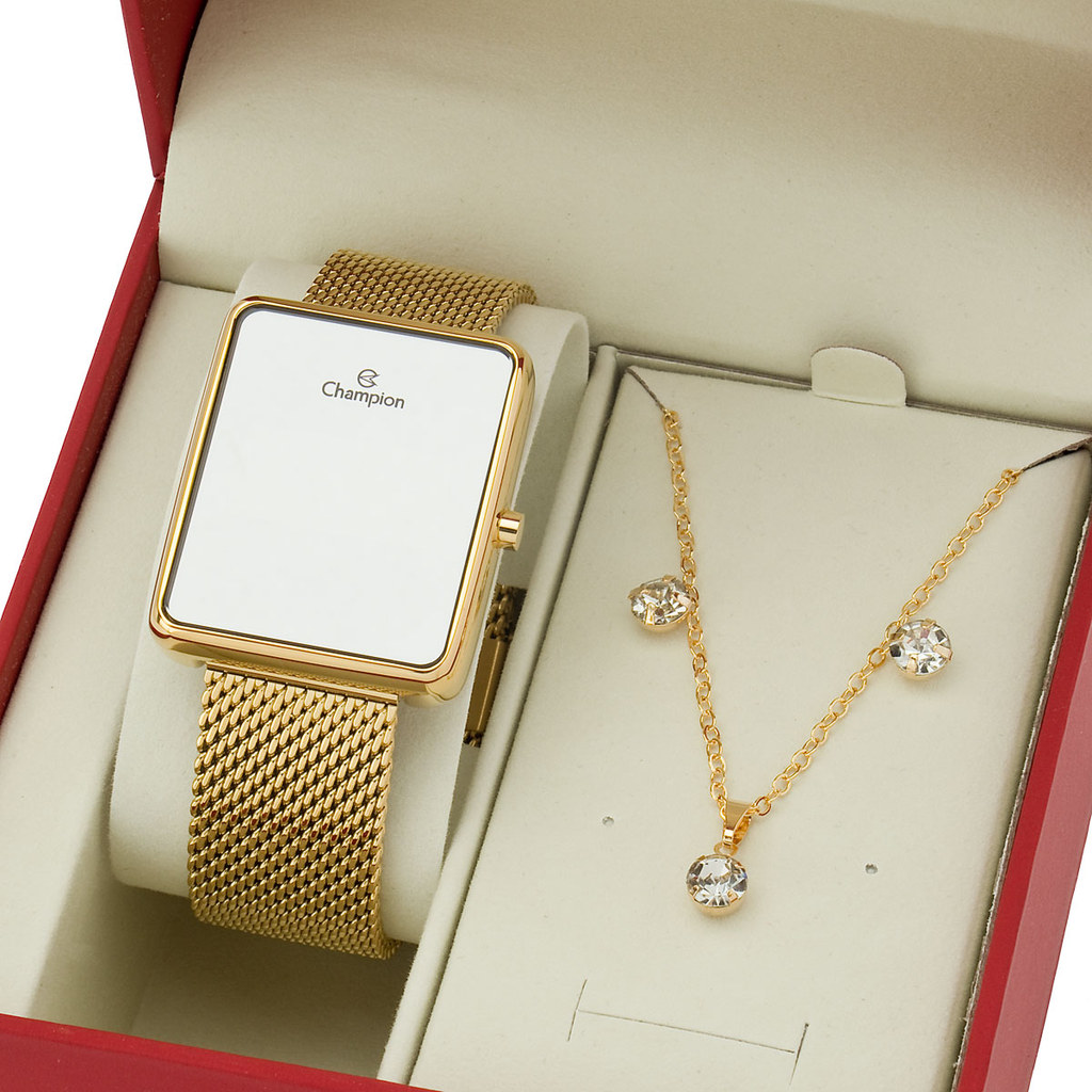 Relógio Feminino Digital Dourado Espelhado Quadrado Kit Colar e Brincos Original