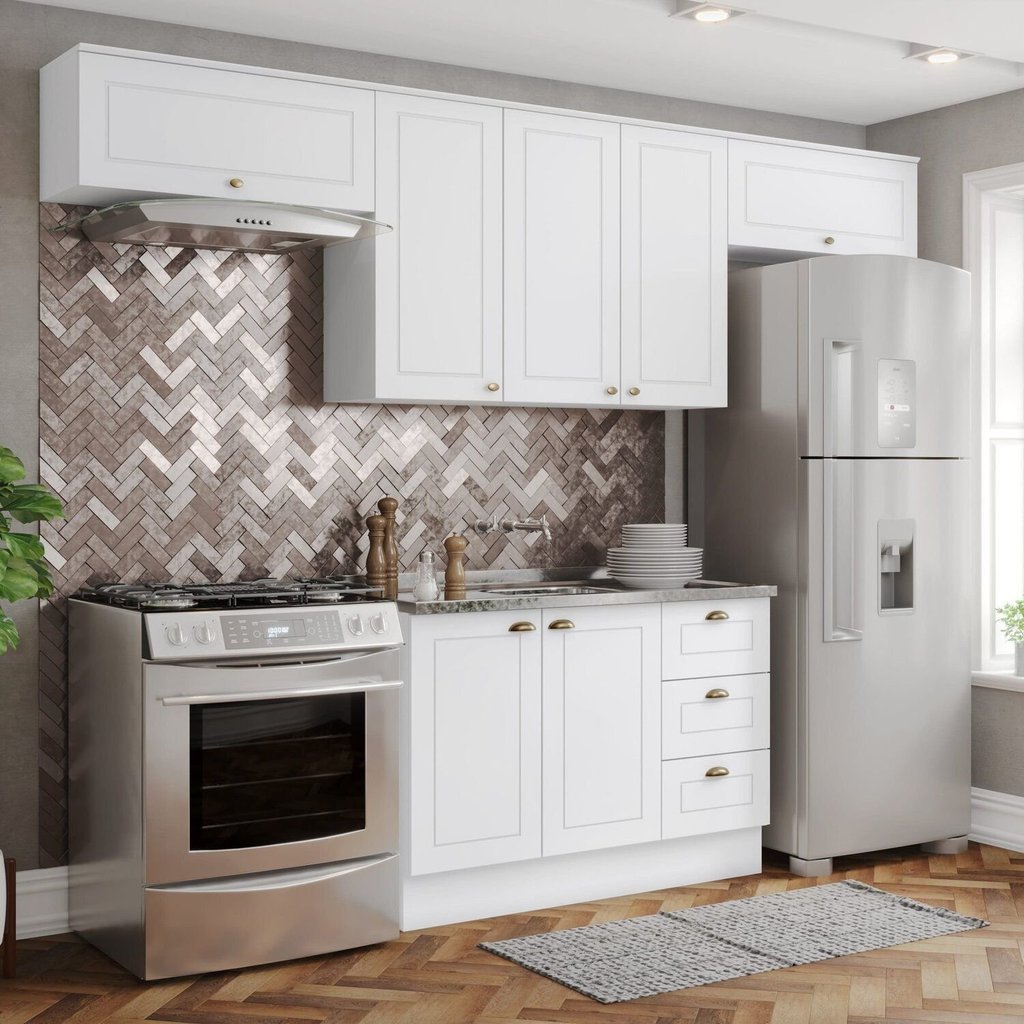 Cozinha Compacta 4 Peças 100% MDF com 2 Aéreos Basculantes Branco HP Americana Branco HP