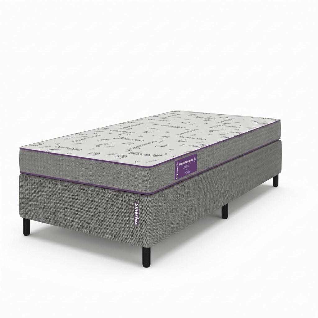 Base Box Com Colchão Solteiro D33 EXTRA FIRME 88x188x49 Hipoalergênico Cinza e Branco Acction SmartZzz By Plumatex