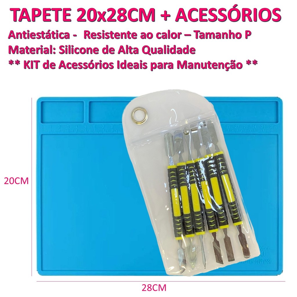 Kit Base Bancada Silicone Azul 20x28cm Antiestática +Jogo Espátulas Reforçadas Manutenção Eletrônica