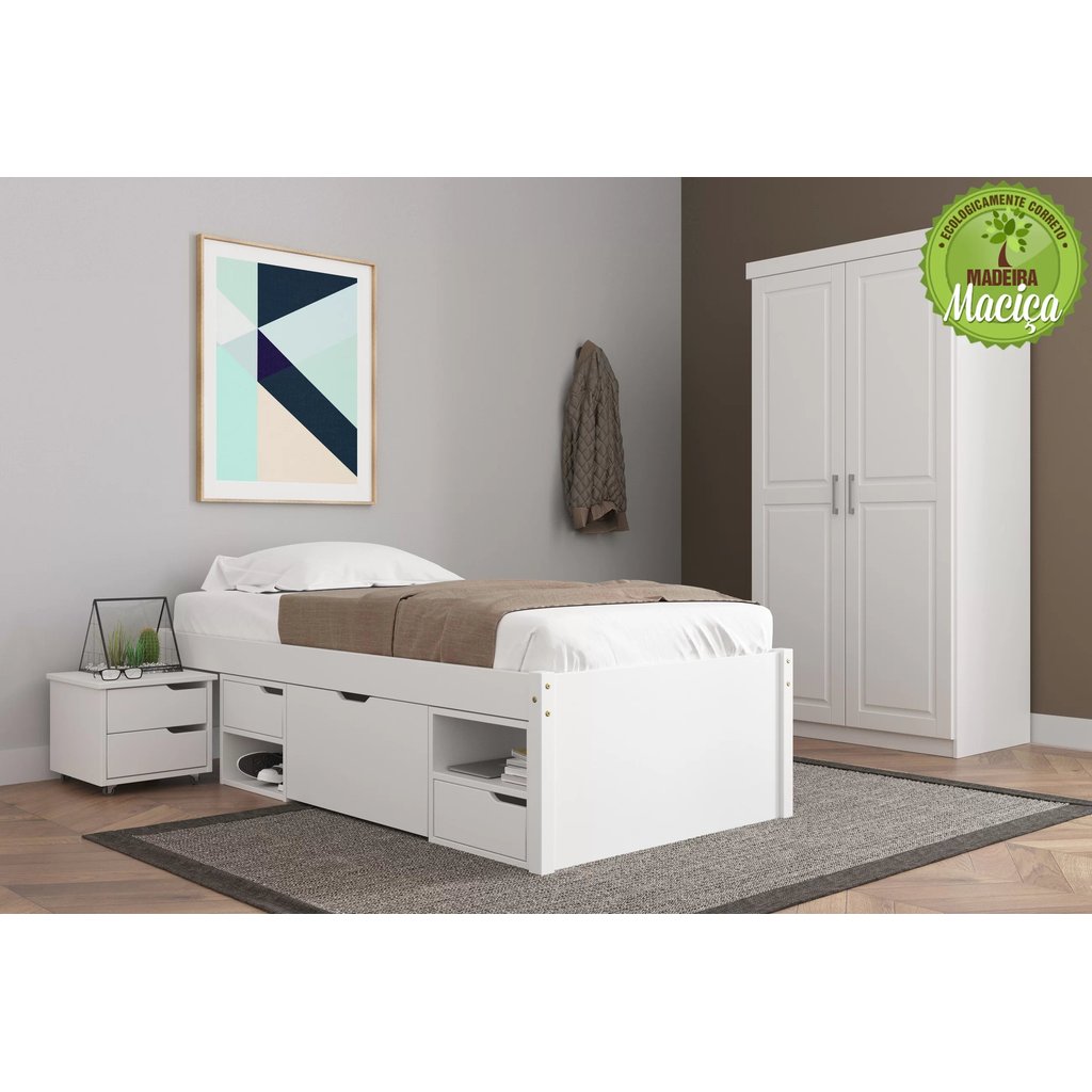 Cama Solteiro com 3 Gavetas e 1 Mesa de Cabeceira Charme Branco/Lavado Branco Lavado