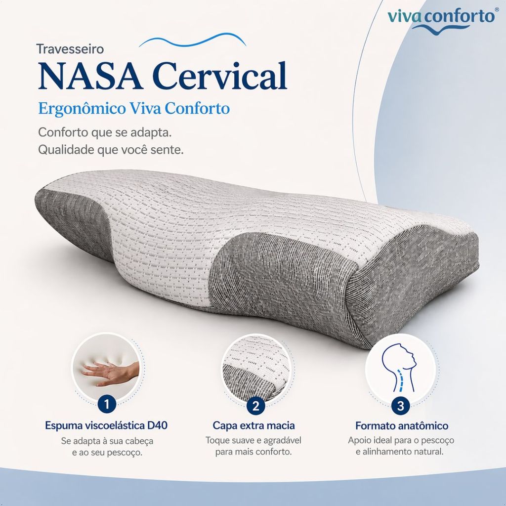Travesseiro Nasa Cervical Viva Conforto Anatômico Ergonômico Antiácaro Hipoalergênico durma sem dor