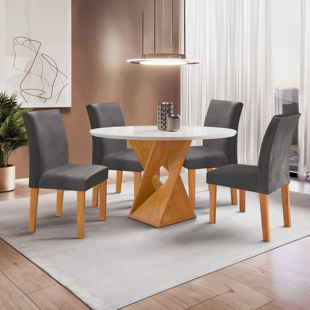 Conjunto Mesa Barcelona 100cm com 4 Cadeiras Espanha Tampo Slim Plus Redondo Vidro Yescasa Cinza/Cinamomo/Off