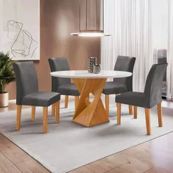 Conjunto Mesa Barcelona 100cm com 4 Cadeiras Espanha Tampo Slim Plus Redondo Vidro Yescasa Cinza/Cinamomo/Off