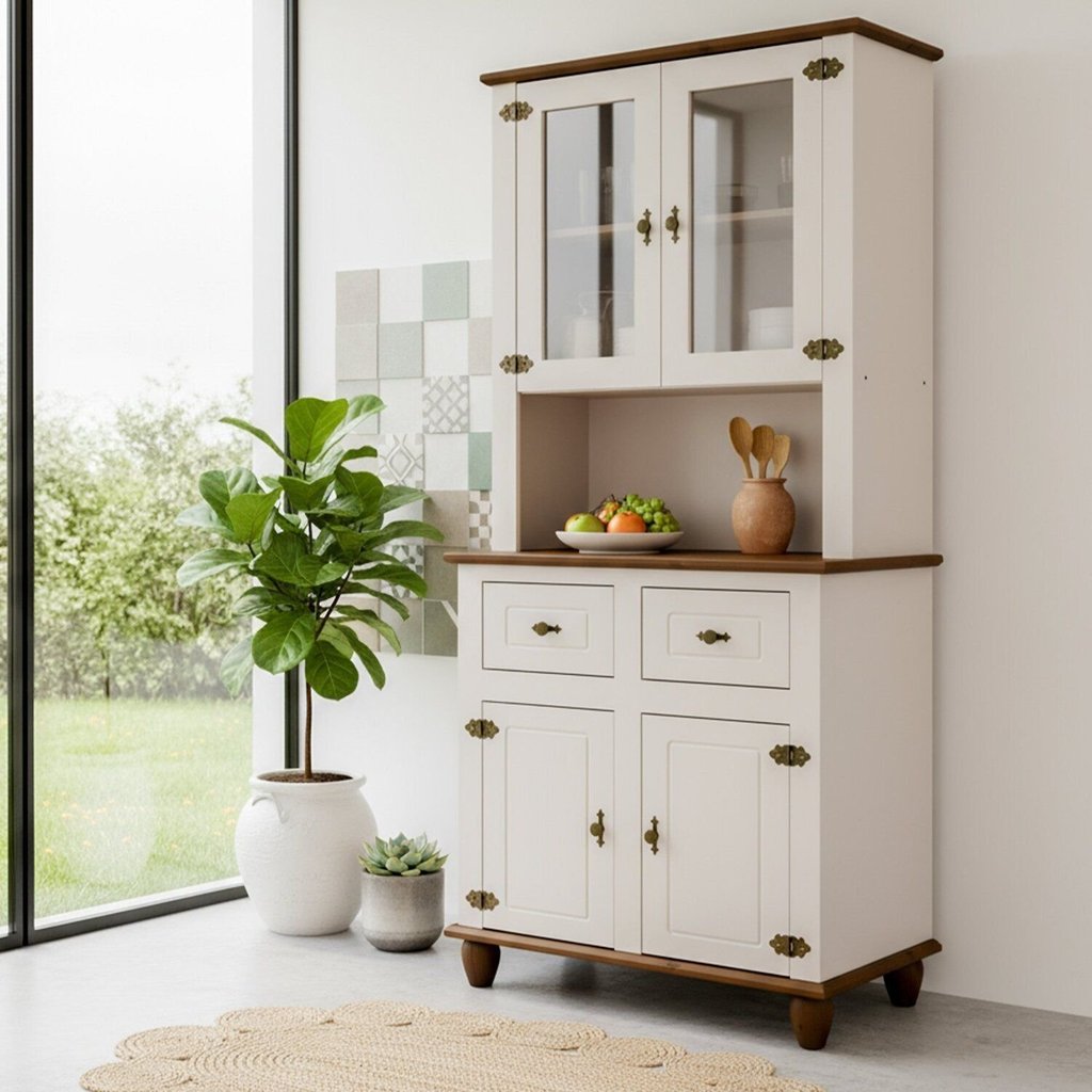 Kit Cozinha 4 Portas 2 Gavetas Tampo Base e Pés em Madeira Maciça Joy Branco/Off White