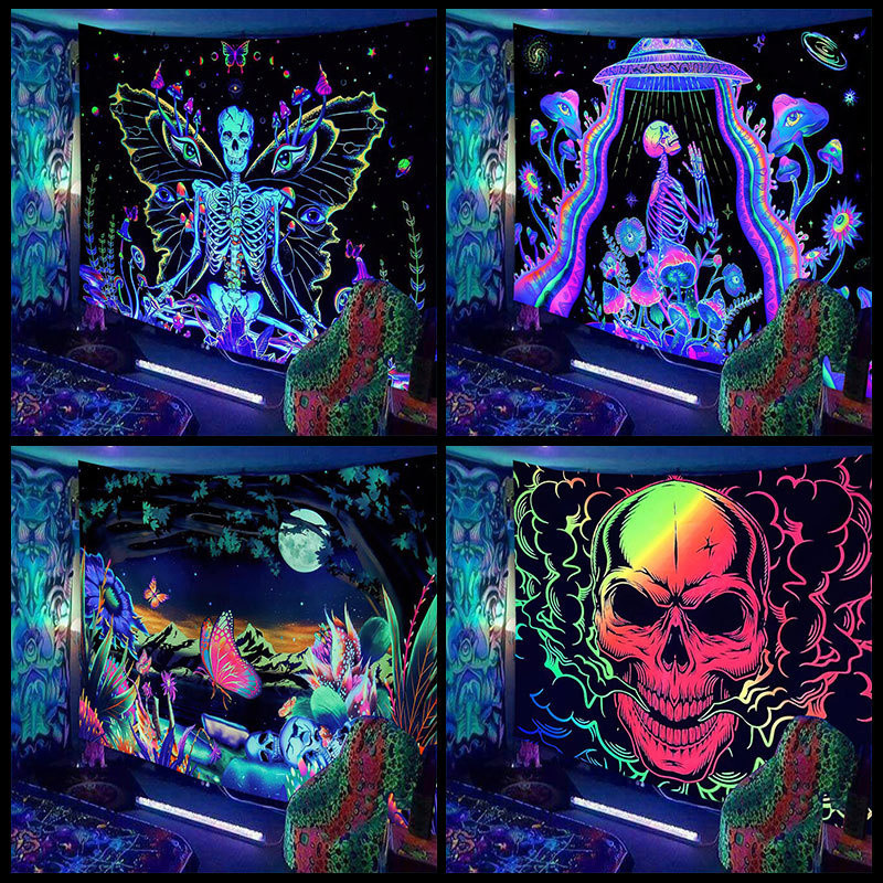 UV Reativo Fluorescente Mandala Elefante Tapeçaria Hippie Psicodélico Crânio Spaceman Parede Pendurado Pano Bohemia Deco