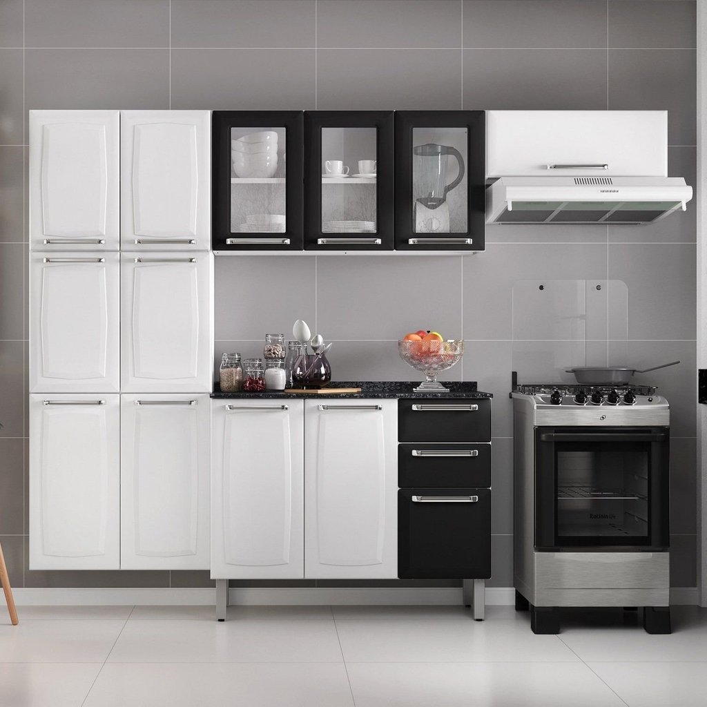 Cozinha Compacta Modulada em Aço 4 Peças 13 Portas 2 Gavetas Paneleiro Duplo em Aço Luce Itatiaia Preto/Branco