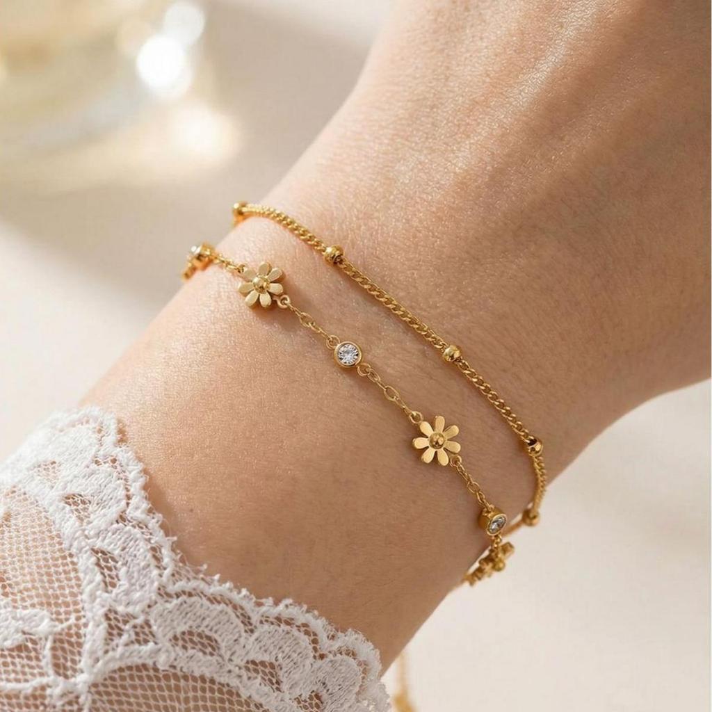 Pulseira Vnox Titanium Bunga Daisy Modis Eropa Moda Estilo Elegante De Camada Dupla · foto 2