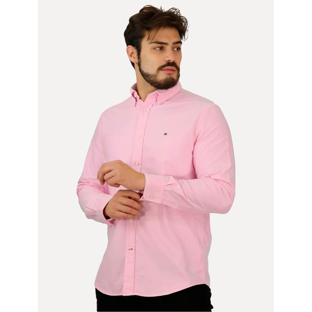Camisa Tommy Hilfiger Original Masculina Regular Core Flex Poplin Rosa