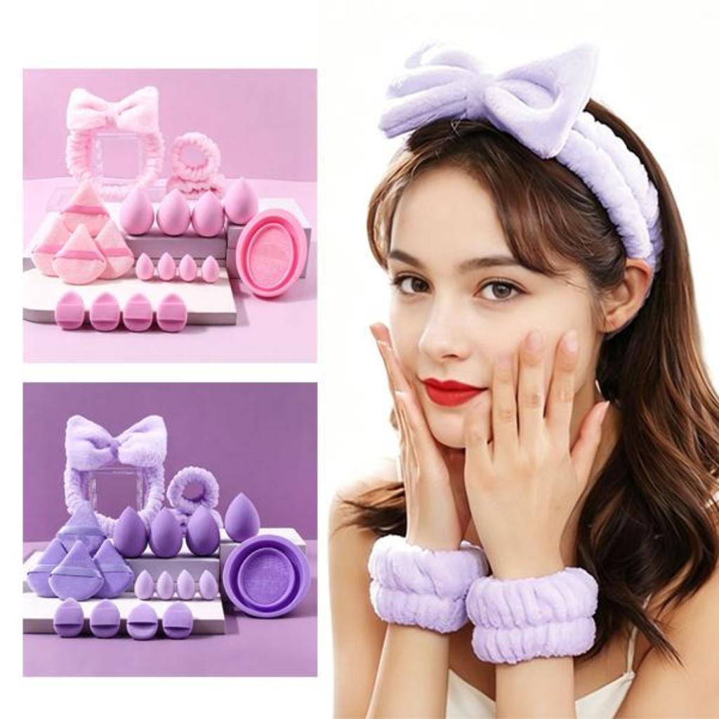 Conjunto Completo de Maquiagem 20 Peças com Esponjas, Puffs, Faixa de Cabelo e Limpador