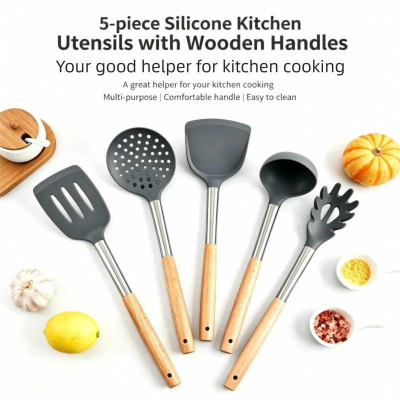 Utensílios de cozinha de silicone espátula de cozinha colher de aço inoxidável cabo de madeira espátula de cozinha colhe